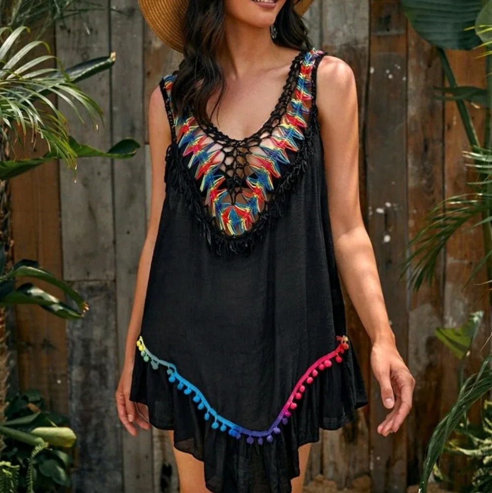 Tie Backless Ruffle Black Cover Up